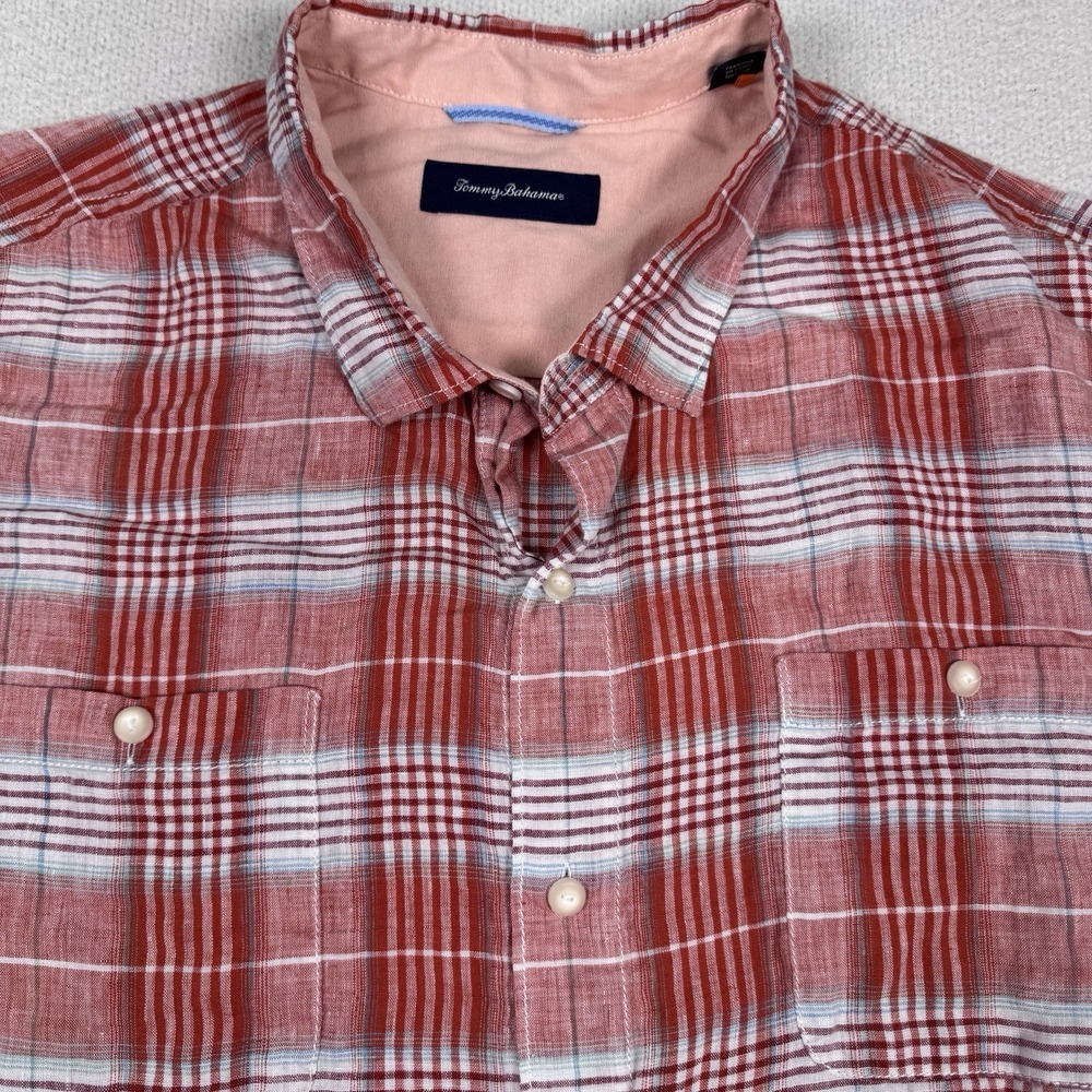 Tommy Bahama‎ 100% Linen Shirt Men's 4XB Short Sleeve Red Plaid Button Up
